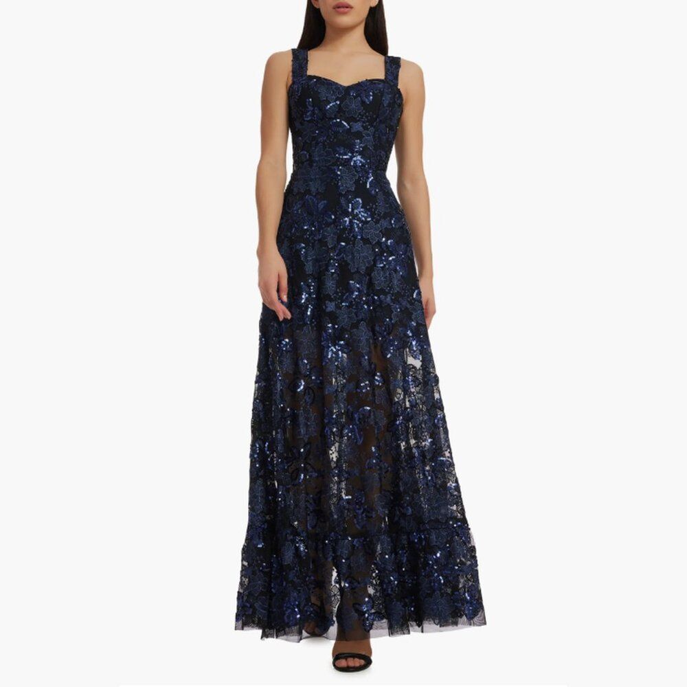 Dress the Population Anabel Floral Sequin Fit & Flare Gown Navy Medium Formal